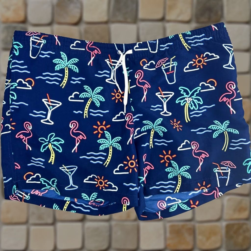 Chubbies Chubbies Swim Trunks Mens XXL Navy Blue Neon Flamingo Palm Tree Size US 39 - 1 Thumbnail
