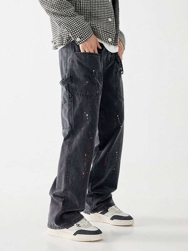 Japanese Brand Men's street splatter paint workwear patchwork black jeans Size US 32 / EU 48 - 1 Thumbnail