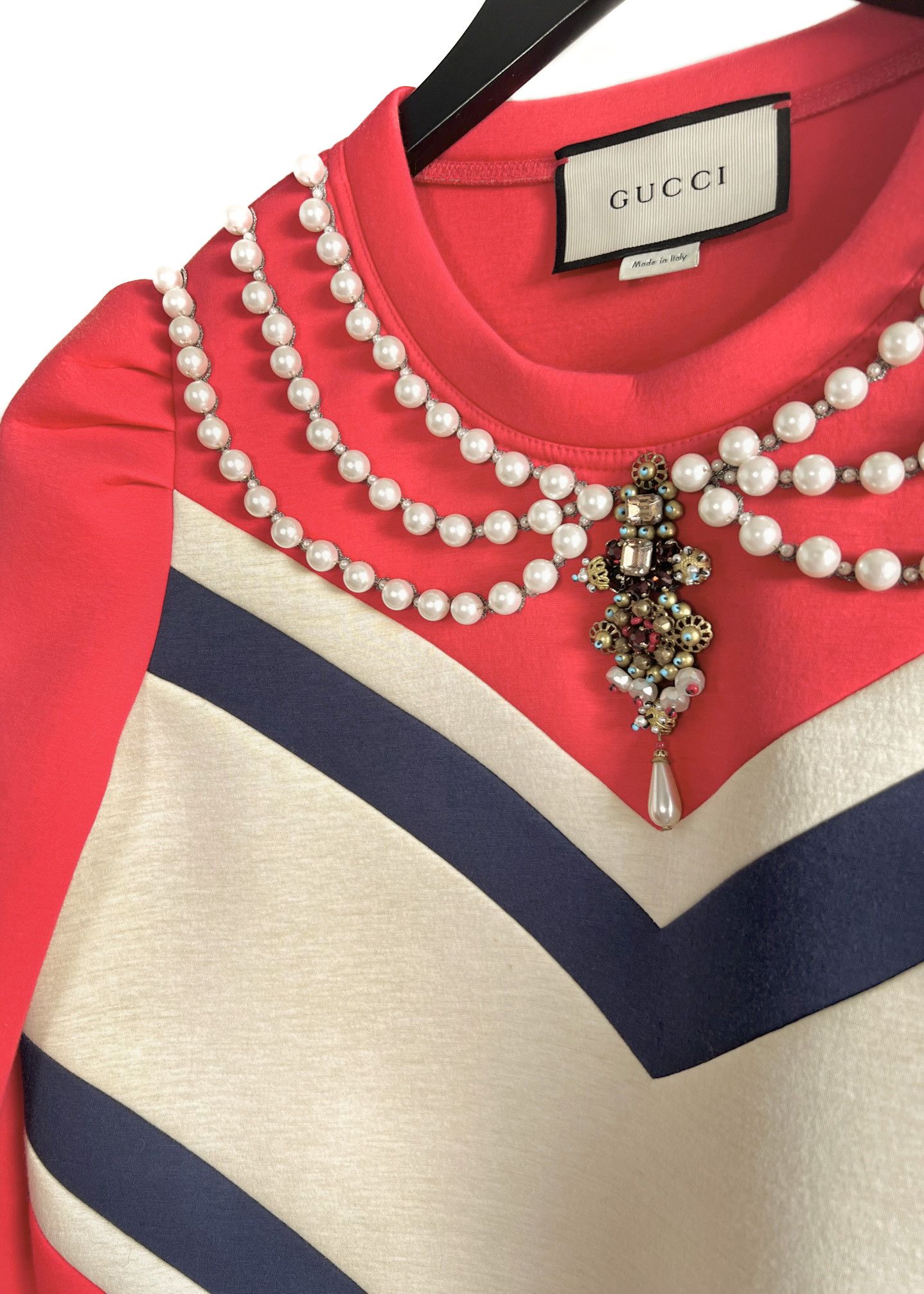 Gucci Gucci Red Neoprene Striped Pearl Embellished Sweatshirt Size XS / US 0-2 / IT 36-38 - 4 Thumbnail