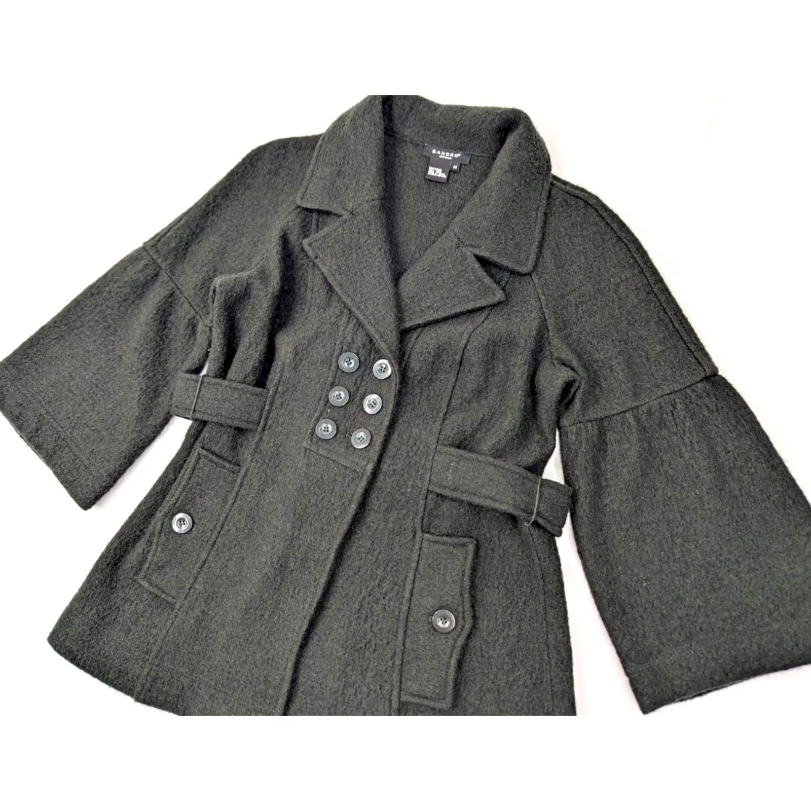 Sandro Sandro Coat Womens S Green Wool Flare Sleeve Belted Double Breast Button Cardigan Women Size S / US 4 / IT 40 - 2 Thumbnail