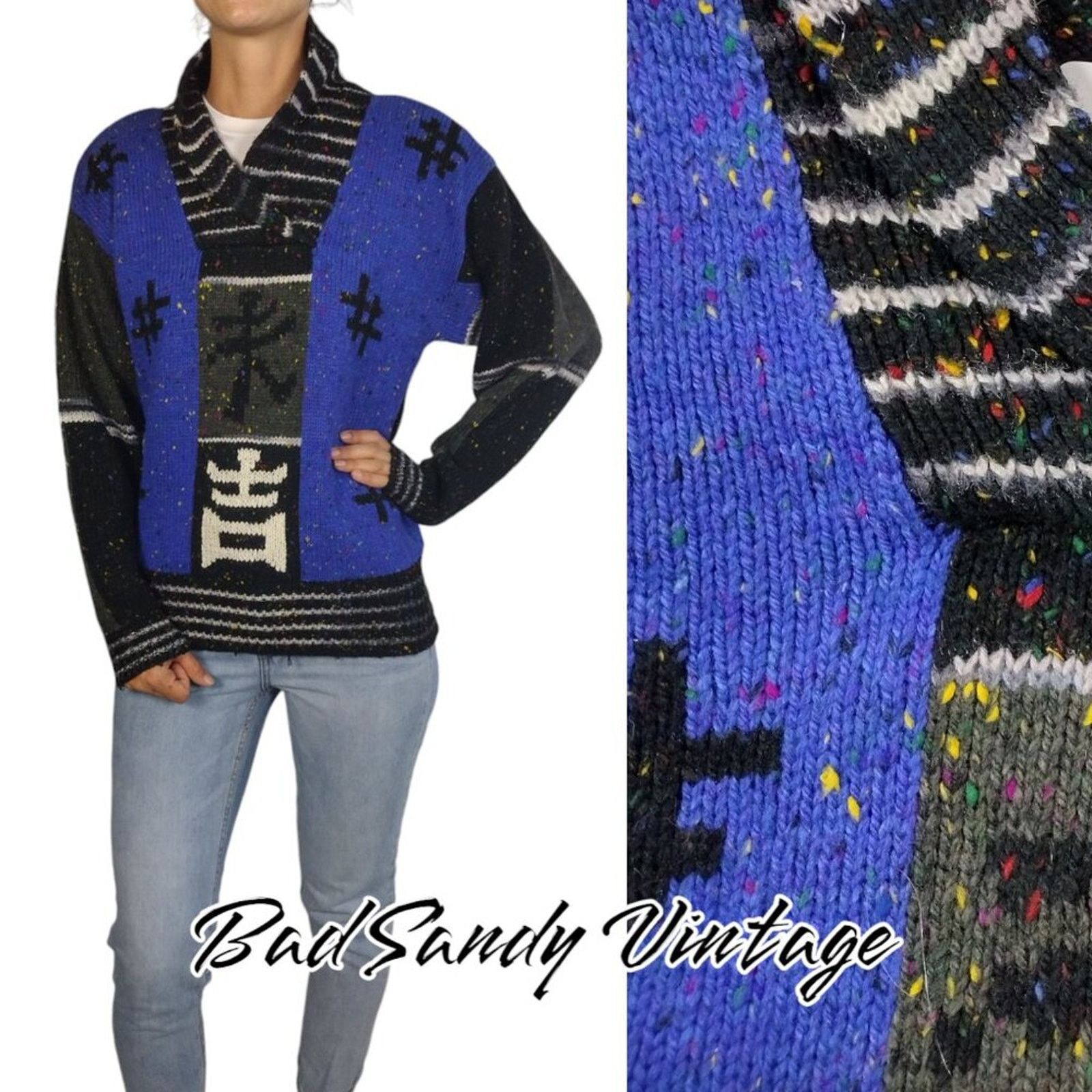 Vintage VTG 90s Chunky Asian Character Sweater by Counterparts Size M / US 6-8 / IT 42-44 - 1 Thumbnail