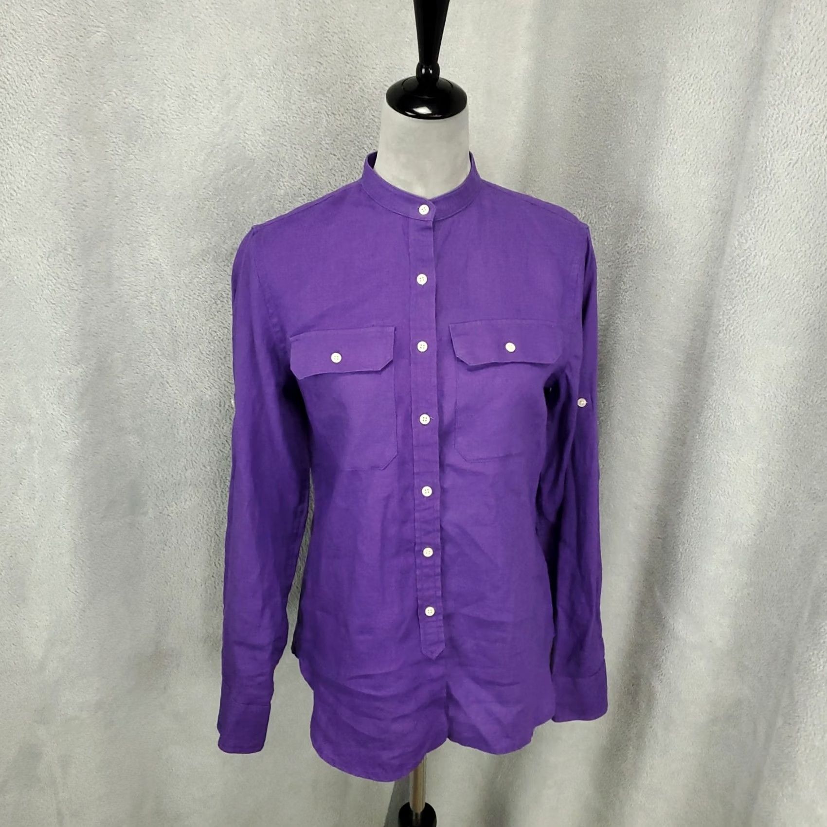 Ralph Lauren Ralph Lauren Linen Top Womens Small Purple Band Collar Button Up 100% Linen Shirt Ladies Slim? Size S / US 4 / IT 40 - 2 Thumbnail