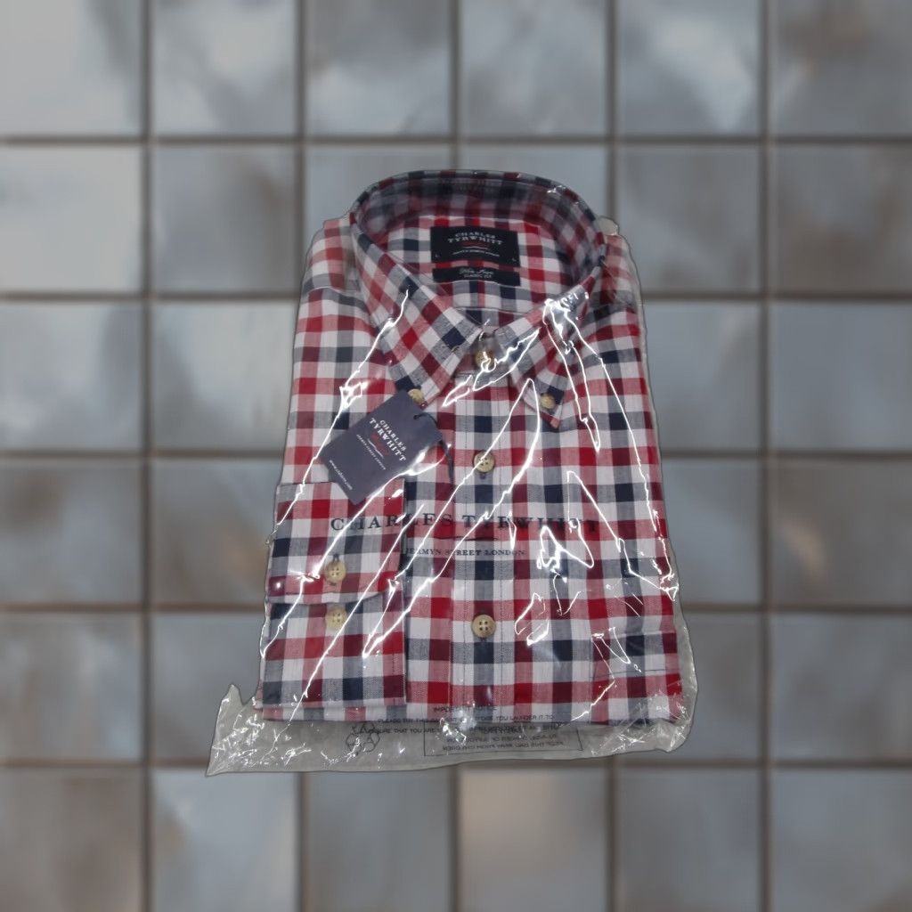 VINTAGE Charles Tyrwhitt Dress Shirt Men Large Red Gingham Business Casual  Classic Non-Iron Button-Down
