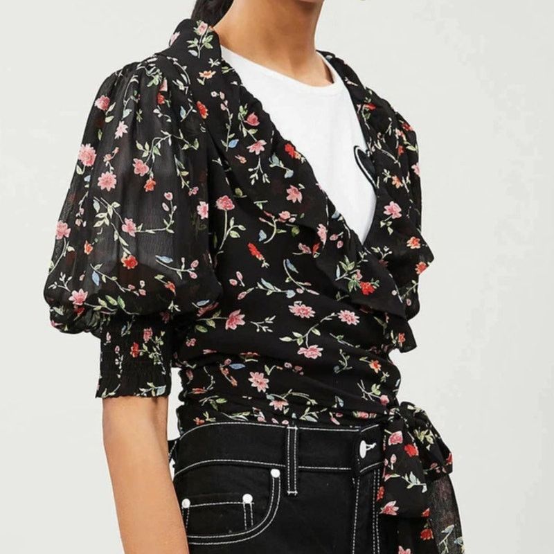 Ganni GANNI | Elm Floral Wrap Top in Black Pink Chiffon 36 / S Size S / US 4 / IT 40 - 1 Thumbnail