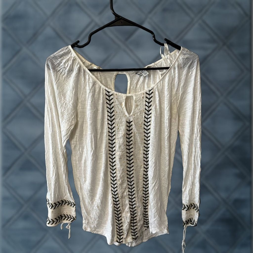 American Eagle Outfitters VINTAGE American Eagle Women's Blouse S Ivory Boho Embroidered Cotton Casual Long Sleeve Size S / US 4 / IT 40 - 1 Thumbnail
