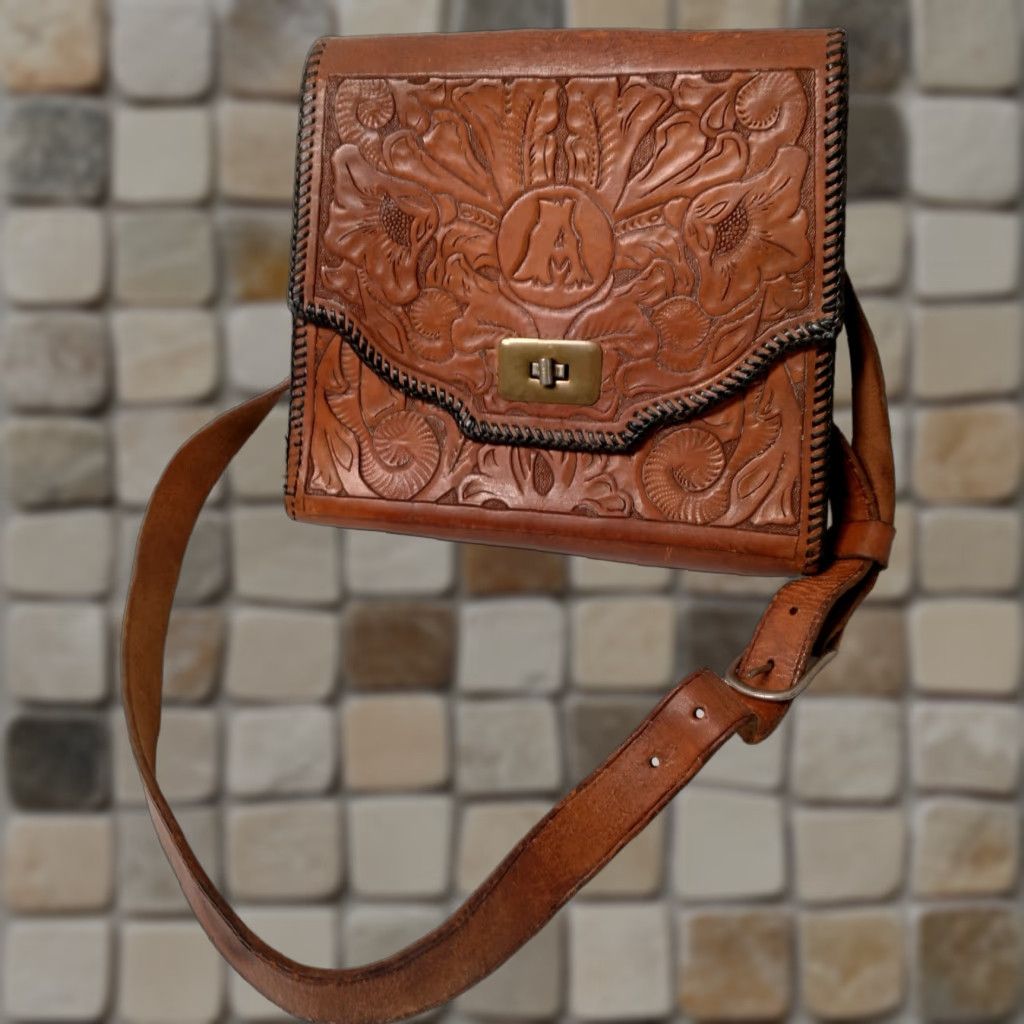 Vintage Hand Tooled Leather Shoulder Bag Monogram A Floral Brown Medium Boho Womens
