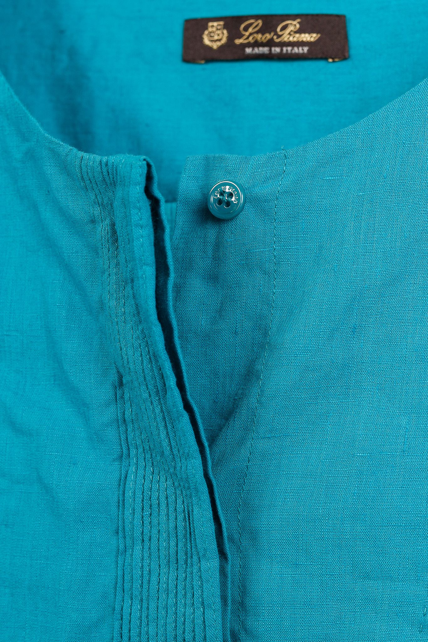 Loro Piana Teal Linen Pintuck Bib Blouse