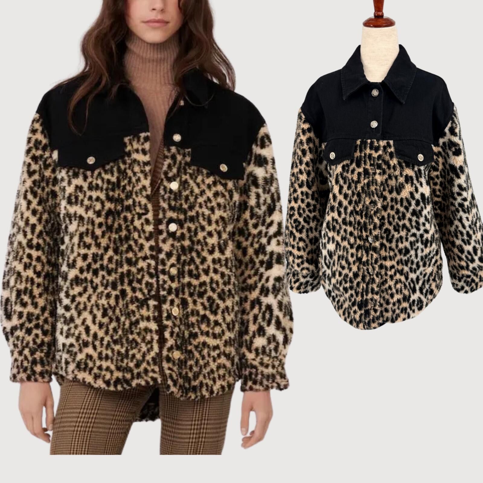 Majestic Maje Leopard Sherpa Denim Jacket Quilted Brown Black 1 Size S / US 4 / IT 40 - 1 Thumbnail