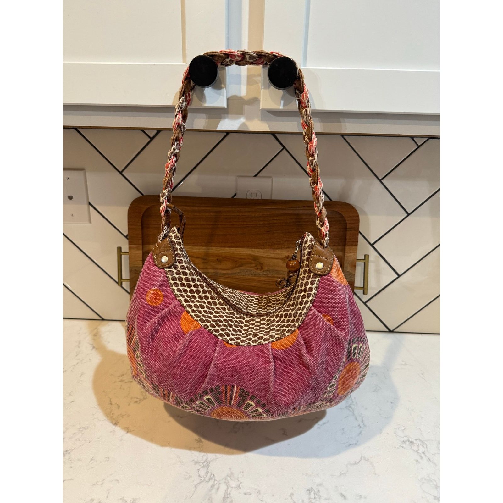 Guess vintage Fossil Canvas Hobo Bag abstract orange brown floral Size ONE SIZE - 6 Thumbnail