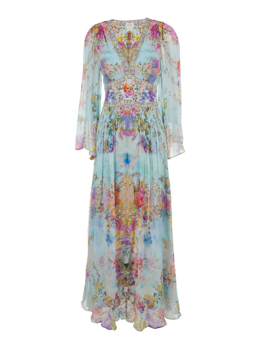 Multicolor Long Dress with V Neck and All-Over Floral Print in Silk Woman