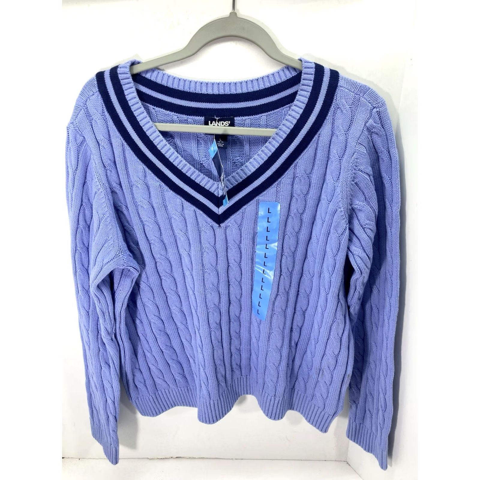 Lands' End Lands' End V Neck Cable Sweater Women Large Blue Long Sleeve Pullover Cotton NWT Size L / US 10 / IT 46 - 2 Thumbnail