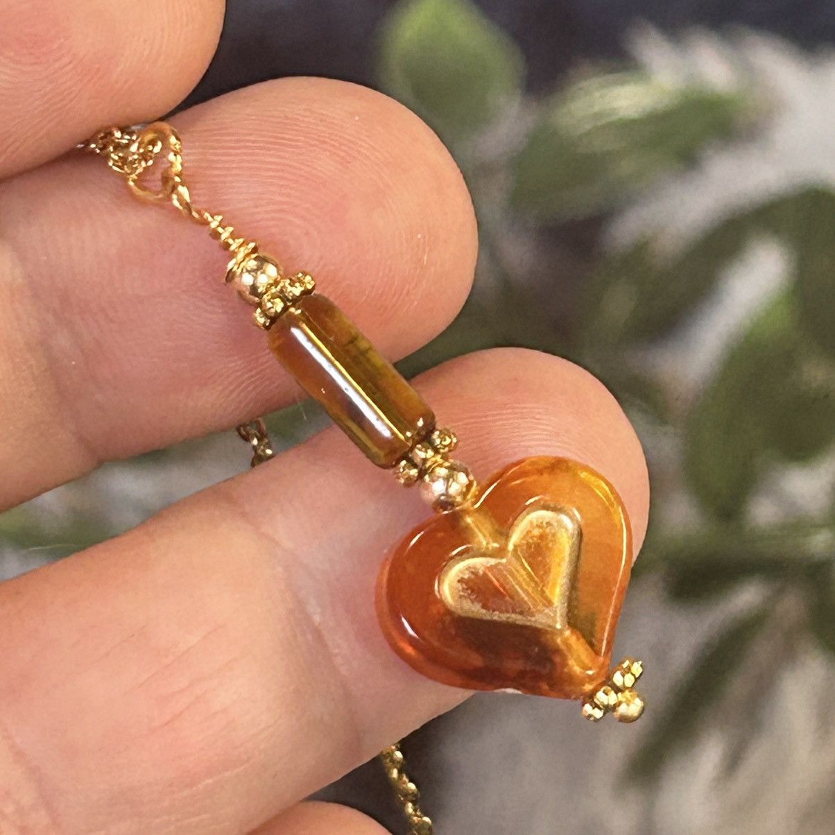 Handmade Handcrafted elegant amber glass heart beaded necklace Size ONE SIZE - 1 Thumbnail
