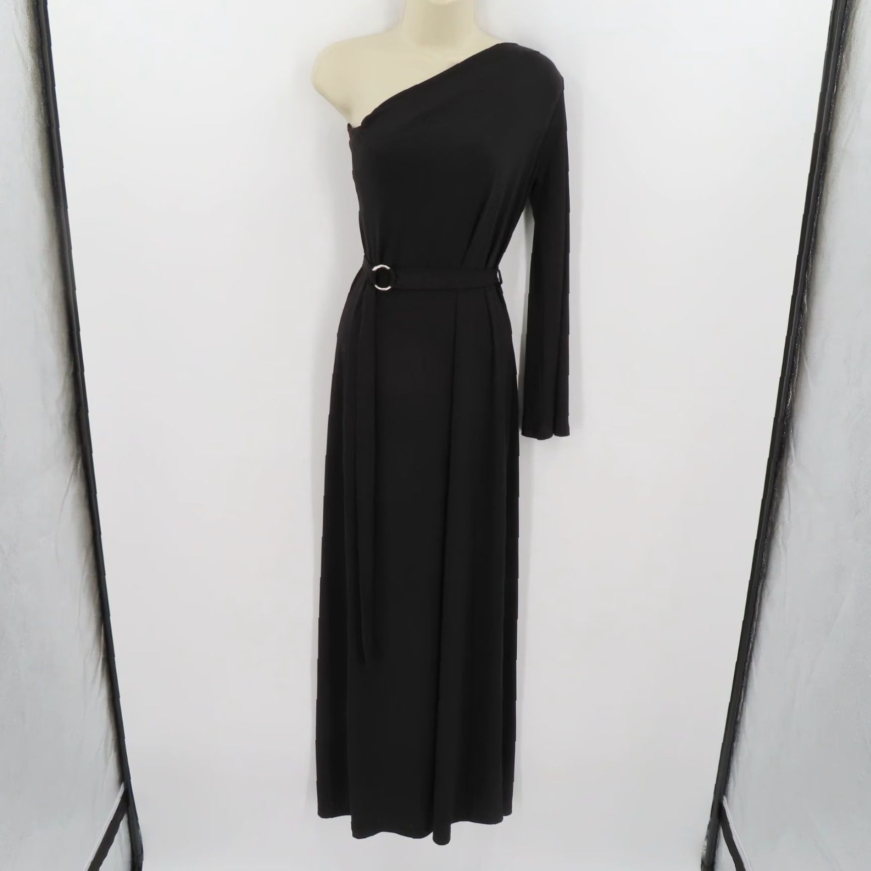 Vintage Ariella Womens Small Solid Black One Shoulder Long Sleeve Maxi Dress Slit Belted Size S / US 4 / IT 40 - 8 Thumbnail