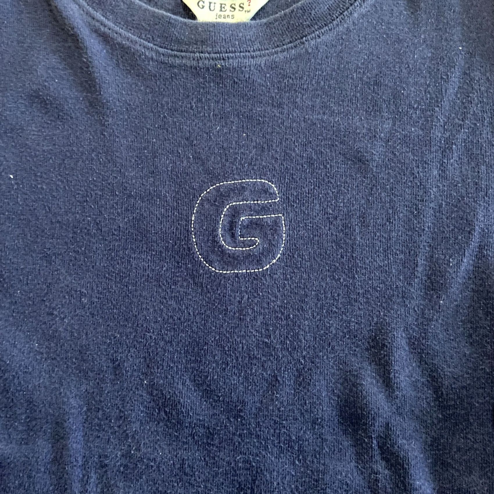 Guess VINTAGE? No. Y2k Guess Womens Top Stitched G Large Navy Blue Shirt Regular Short Sleeve Cotton Jersey Glitter Rhinestone Studded Crew Neck Bullete? Size L / US 10 / IT 46 - 2 Thumbnail