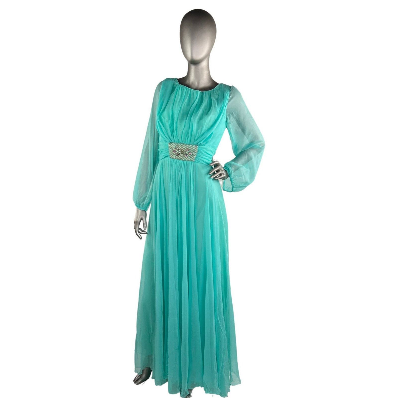 Vintage Vintage 1960s Blue Chiffon Maxi Dress Embellished Waist Med Size M / US 6-8 / IT 42-44 - 1 Thumbnail