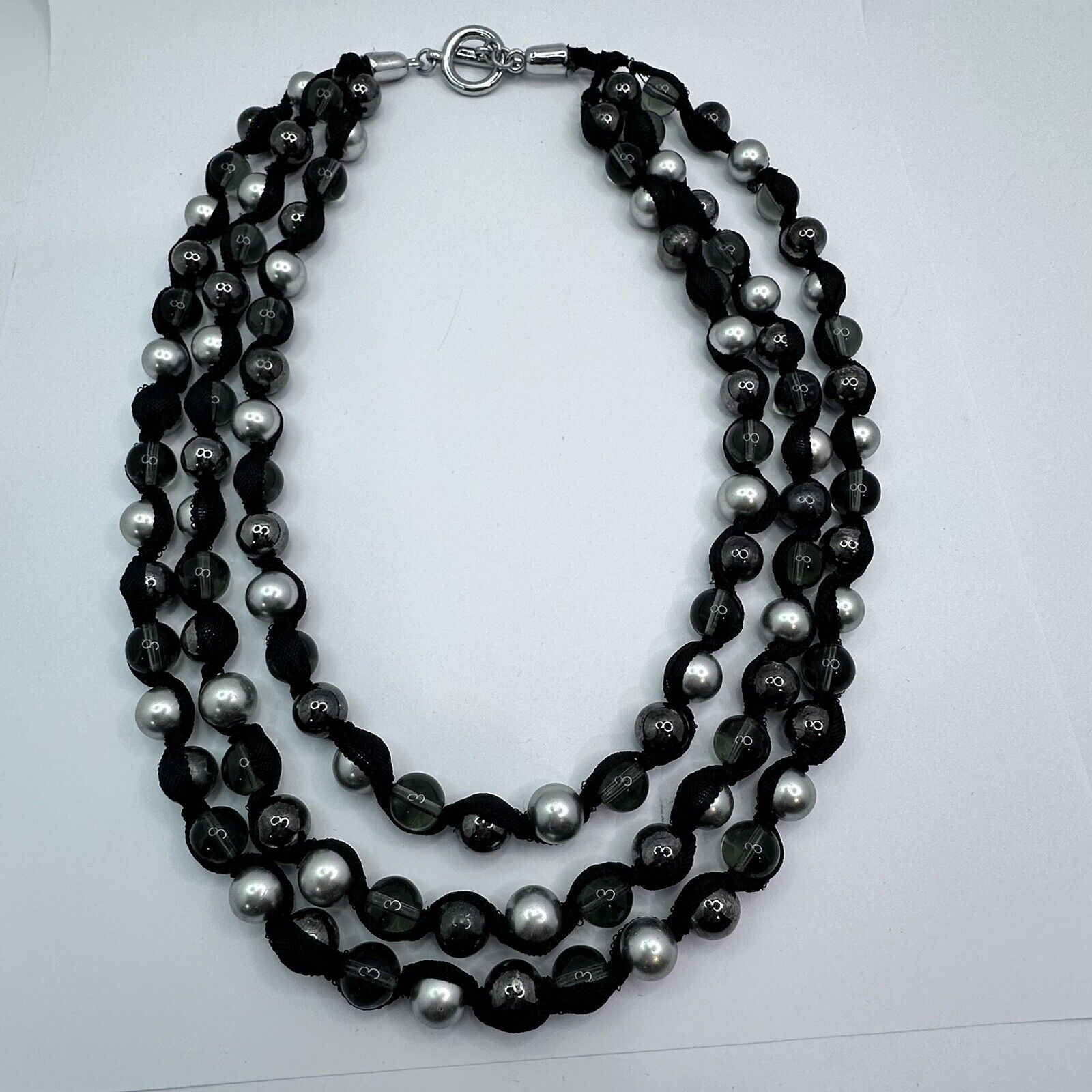 Other MultiStrand Ribbon Necklace Silver Blk Clear Glass Beads 22" Size ONE SIZE - 11 Thumbnail