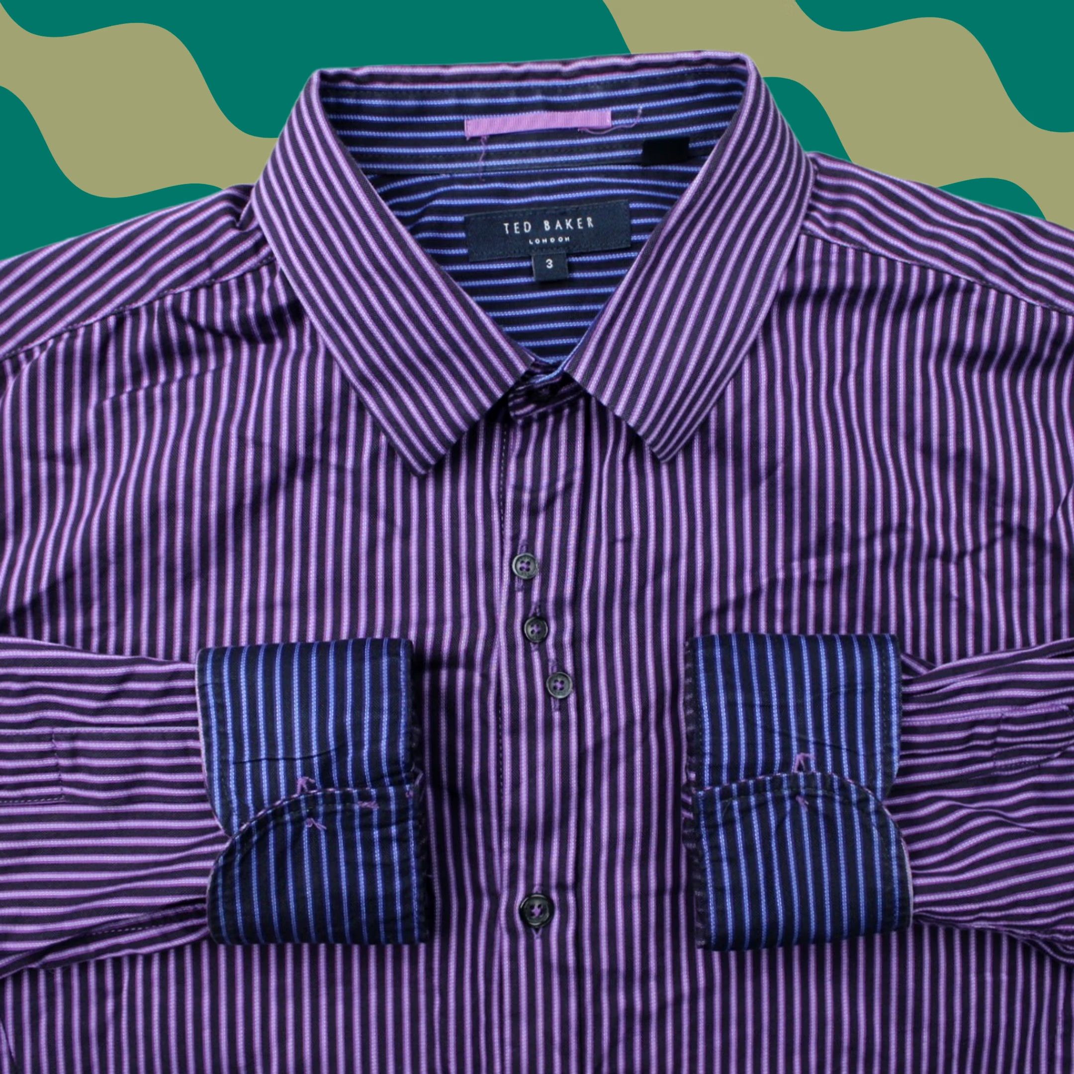 Ted Baker Ted Baker London Shirt Mens 3/ Medium Purple/Blue Button-Up 100% Cotton Striped Long Sleeve Button-Down Casual Business Cap Size US M / EU 48-50 / 2 - 1 Thumbnail