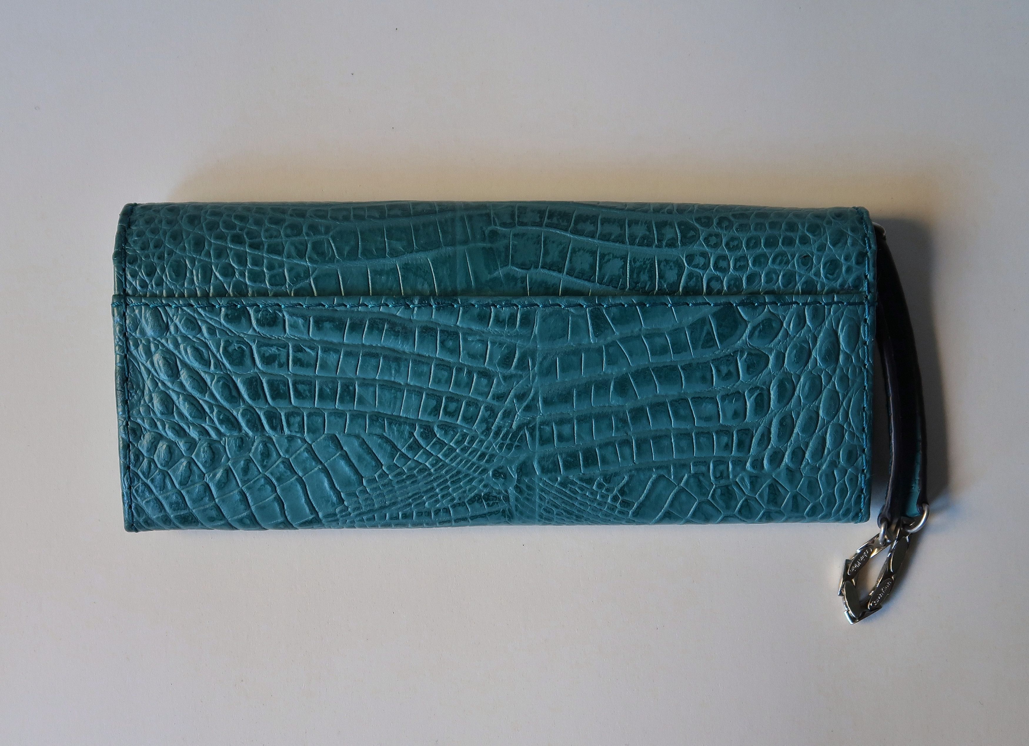 Calvin Klein Croc Embossed Leather Longfold Wristlet Strap Green Wallet Size ONE SIZE - 3 Thumbnail