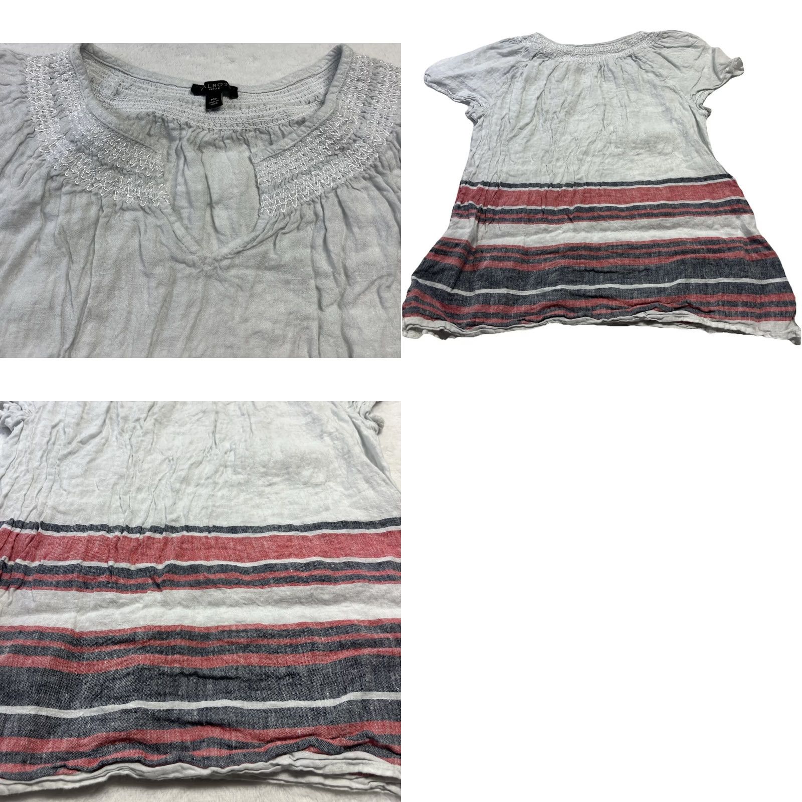 Talbots Talbots Blouse Shirt Linen 100% Stripe Hem V-Neck Short Sleeve Petite Medium Smocked Neck Summer Gray Womens Size M / US 6-8 / IT 42-44 - 8 Thumbnail