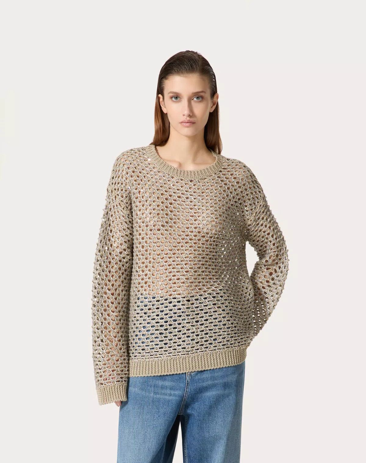 Valentino o1s1wg110525 Linen And Sequins Mesh Pullover in Ecru/Silver Size S / US 4 / IT 40 - 4 Thumbnail