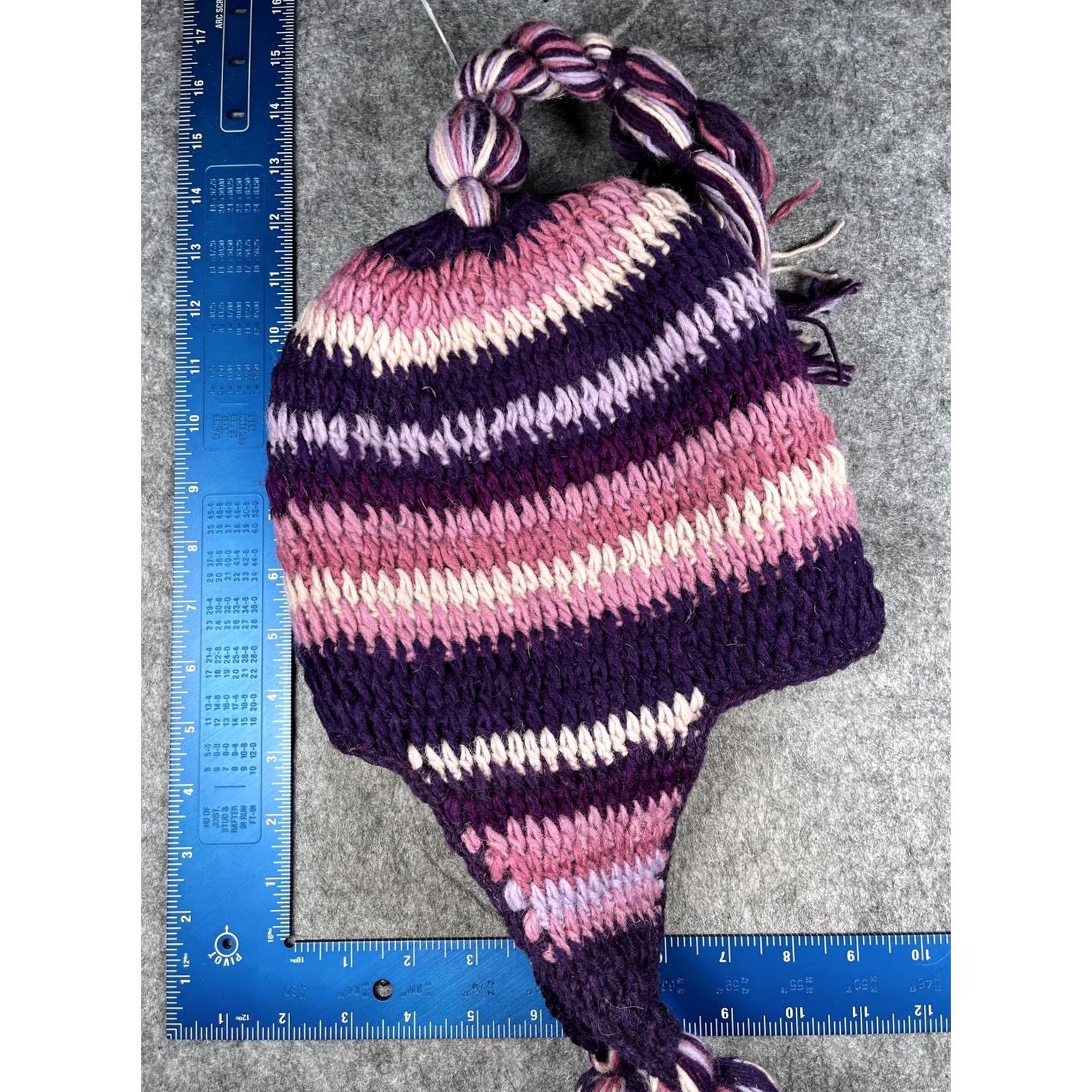 Vintage Womens Beanie Hat Striped Purple Wool Knit Ear Flap Lined Thermal Tassel POM Winter VINTAGE? Size ONE SIZE - 5 Thumbnail