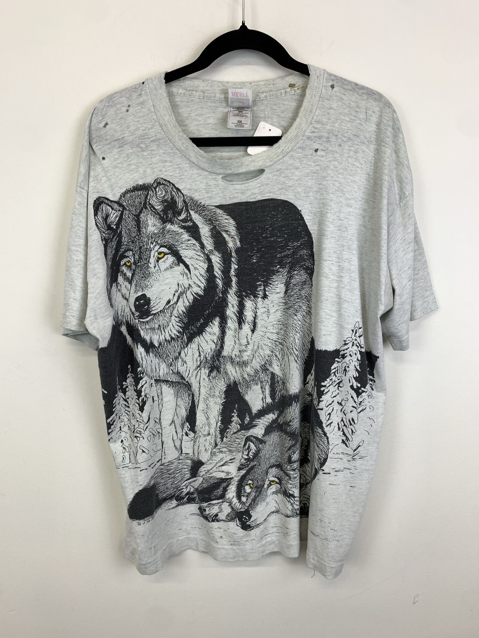 Vintage Vintage 1990s Wolf All Over Print Single Stitch Distressed AOP Wolf Tee Size XL Size US XL / EU 56 / 4 - 1 Thumbnail