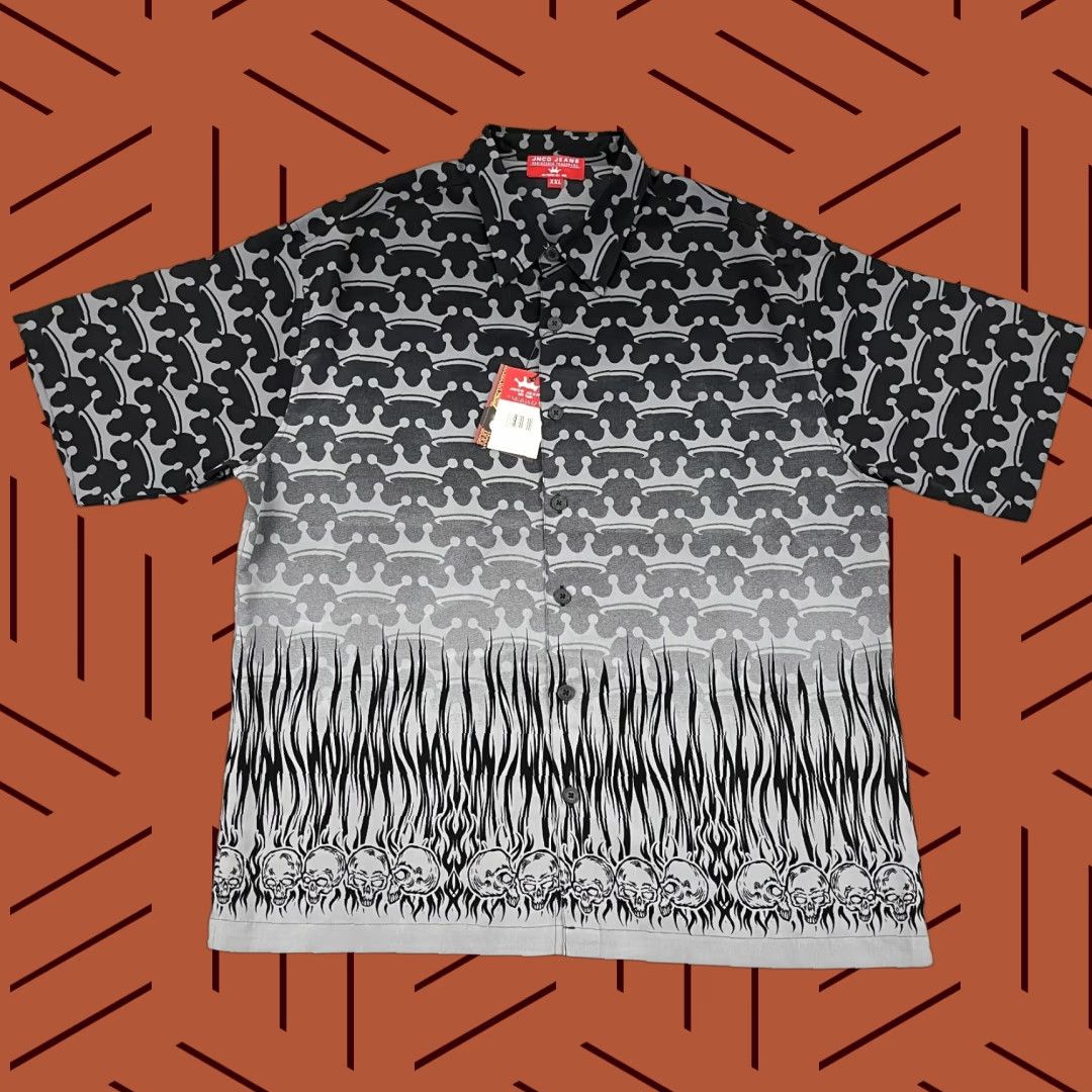 VINTAGE JNCO Shirt Mens 2XL Gray Crown Skull Flames Skater Button Punk Up Y2K NEW