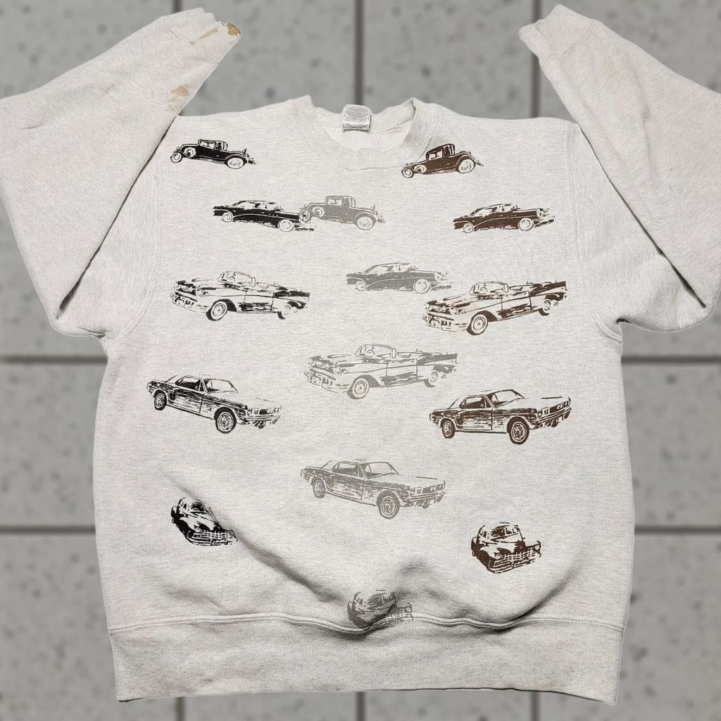 Fruit Of The Loom VINTAGE Car All Over Print Sweatshirt Men’s Large 90s Stained Gray Sweatshirt Size US L / EU 52-54 / 3 - 1 Thumbnail