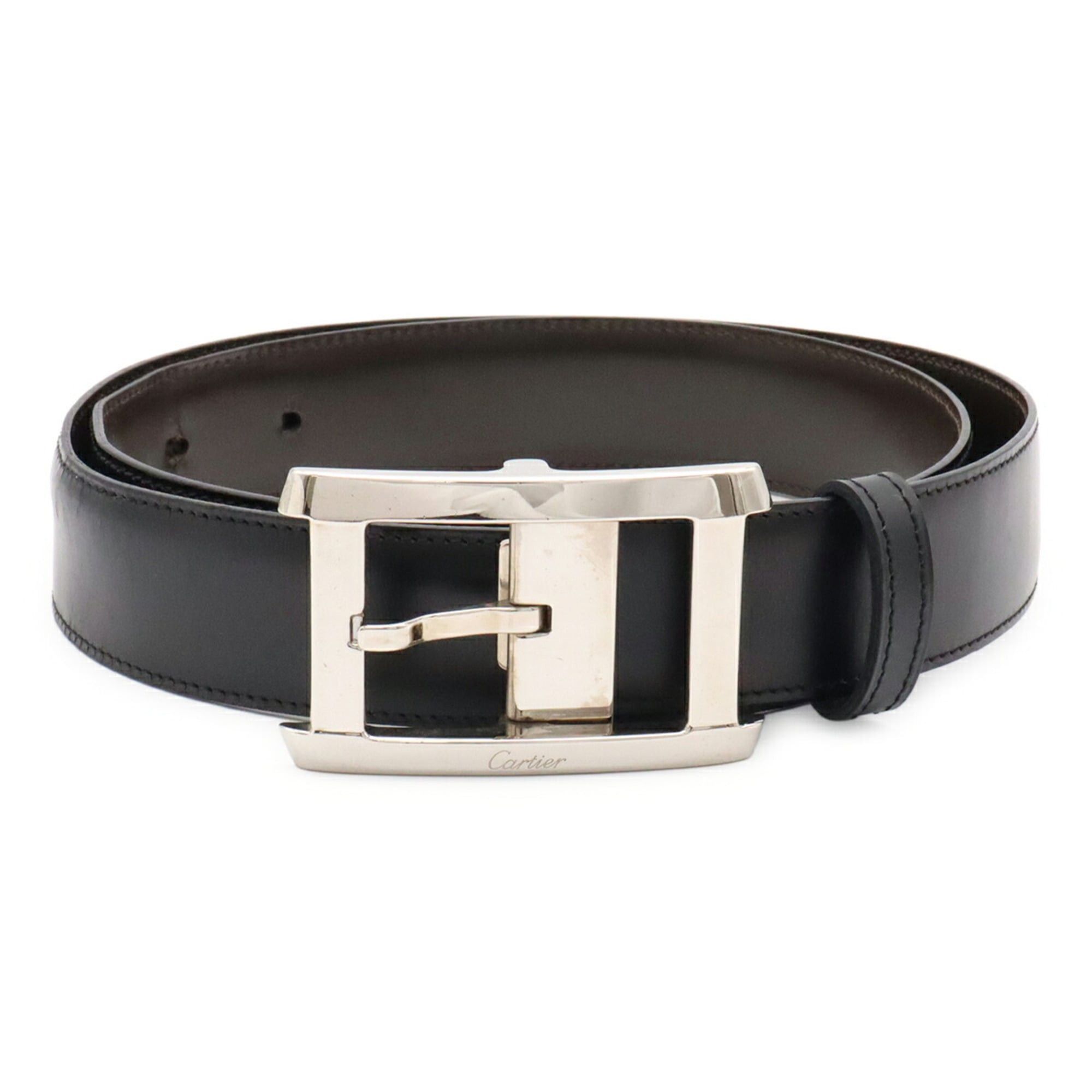 Cartier Tank American Reversible Belt, Leather, Black/Dark Brown, Actual Size Approx. 81, L5000058, Women's