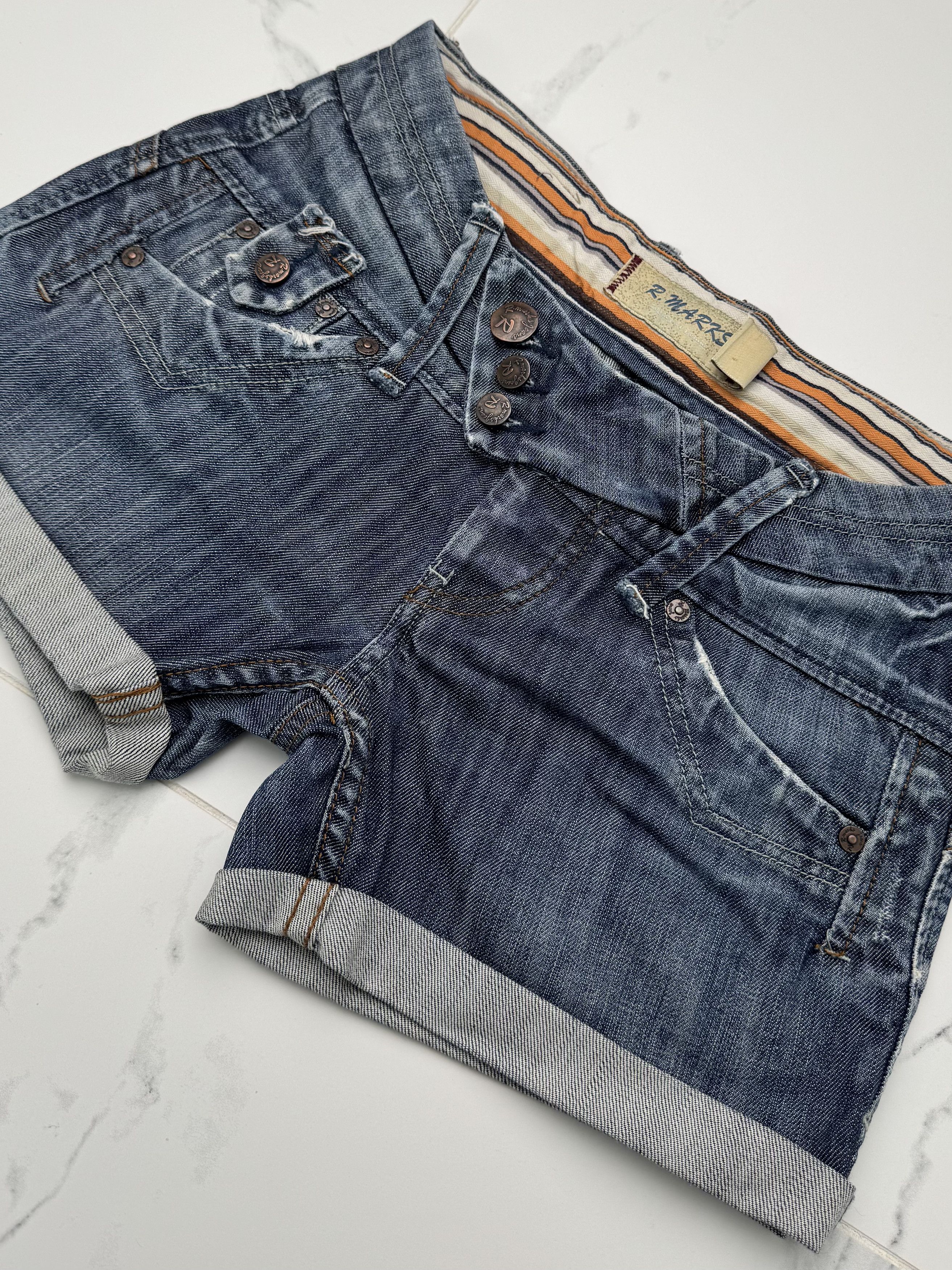 Vintage Women Blue Denim Shorts Y2K Vintage Low Waist Rolled Hem Size 25" / US 0 / IT 36 - 2 Thumbnail