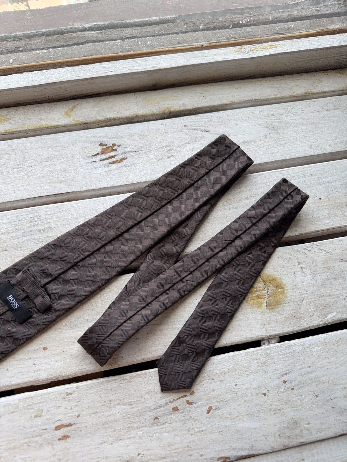 Designer × Hugo Boss Hugo Boss Brown Geometric Silk Tie Checkered Pattern Size ONE SIZE - 7 Thumbnail