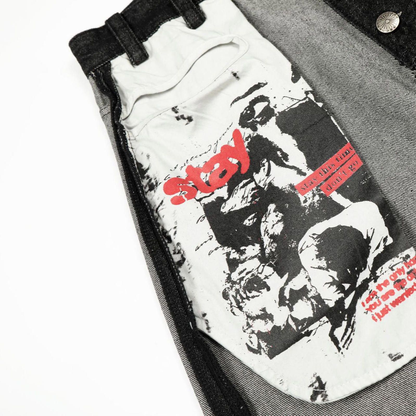 Japanese Brand Gray Black Wide Leg Denim Jeans, Graphic Patch Jeans Size US 30 / EU 46 - 4 Thumbnail