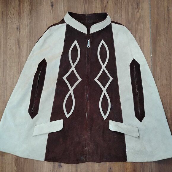 Other Vintage 60s Two Tone Suede Leather Mexican Cape Jacket Size L / US 10 / IT 46 - 1 Thumbnail