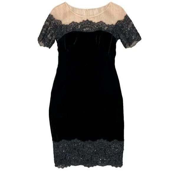 image of Marchesa Notte Aw/15 Black Velvet Illusion Cocktail Dress, Women's (Size Small)