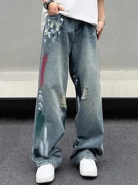 Japanese Brand × Jean Stylish Splash Ink Blue Distressed Baggy Jeans Size US 27 - 2 Thumbnail