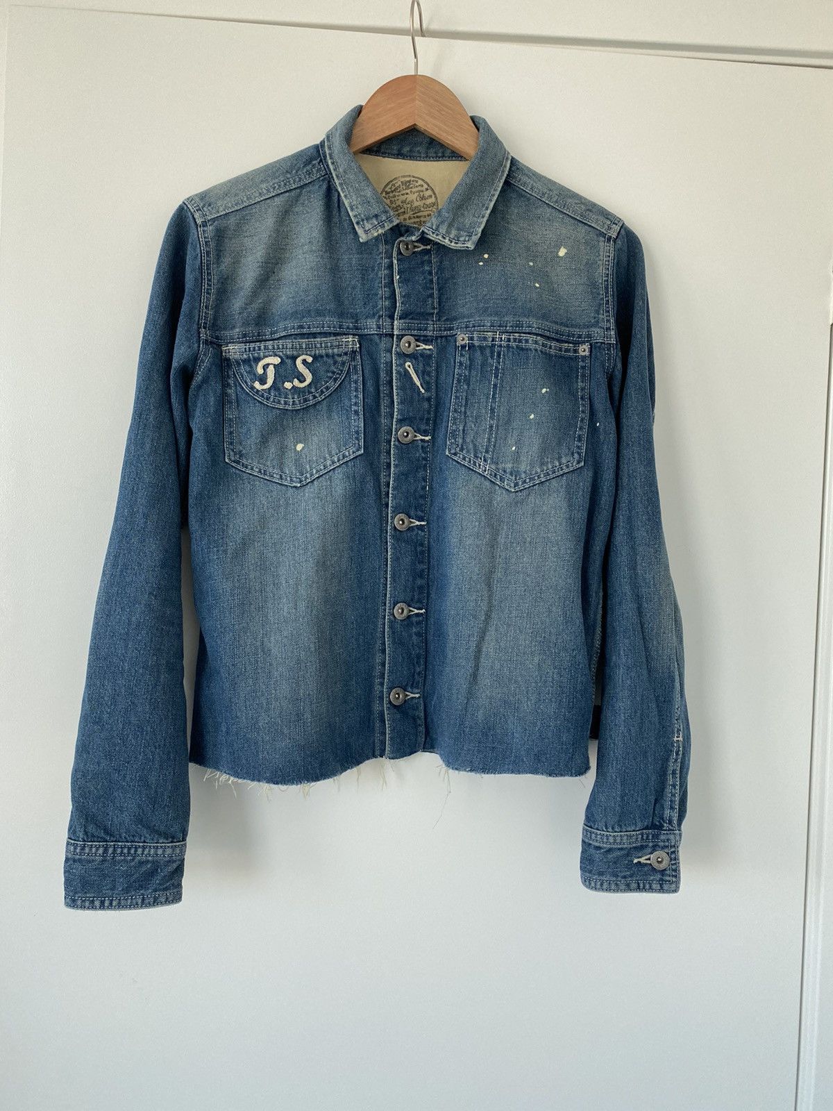 image of 1 Of 1 x Vintage Faded Distressed Stitch Embroidered Denim Jacket in Indigo, Men's (Size Small)