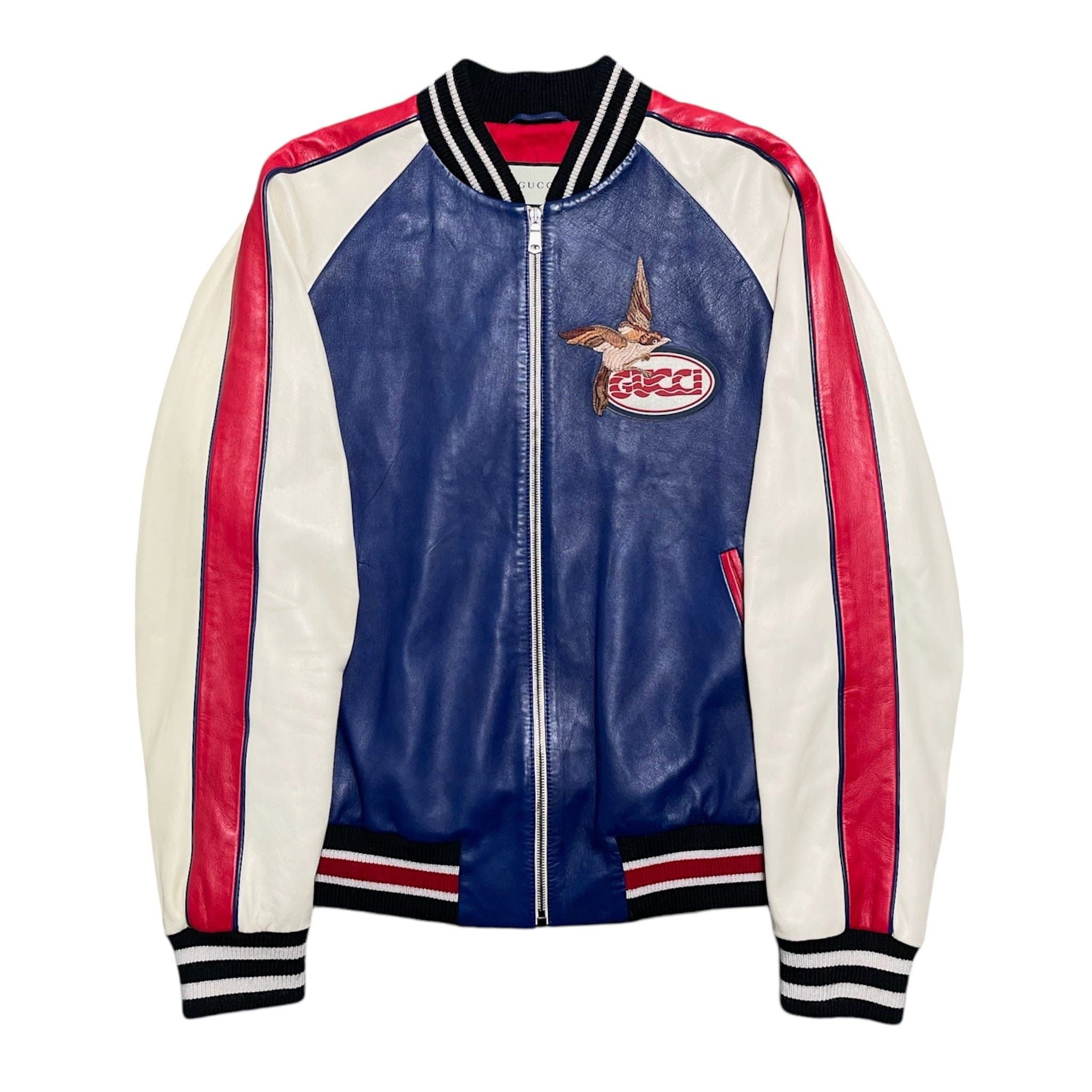 Gucci Bird Embroidered Leather Bomber Jacket Red Blue Size US L / EU 52-54 / 3 - 1 Thumbnail