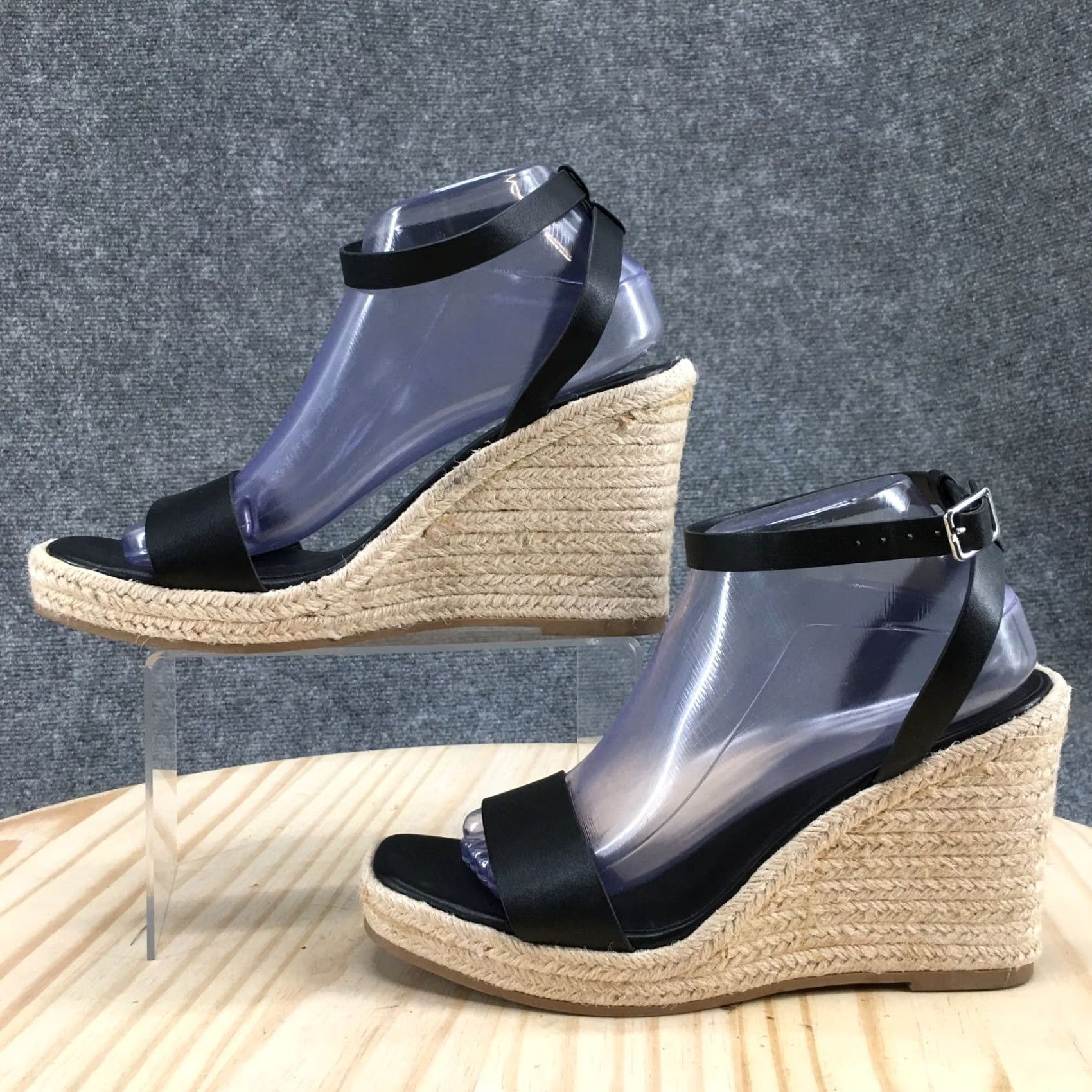 Vintage A New Day Sandals Espadrille Wedge Heels Ankle Strap Faux Leather Black 9 Womens Size US 9 / IT 39 - 2 Thumbnail