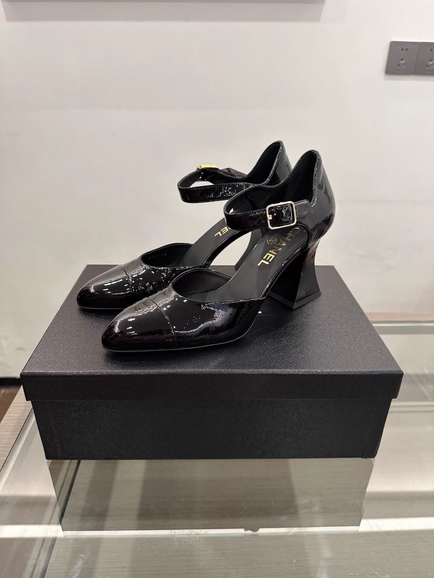 Chanel Chanel Women's Black Patent Leather Strappy Block Heel Pumps Size US 8 / IT 38 - 1 Thumbnail