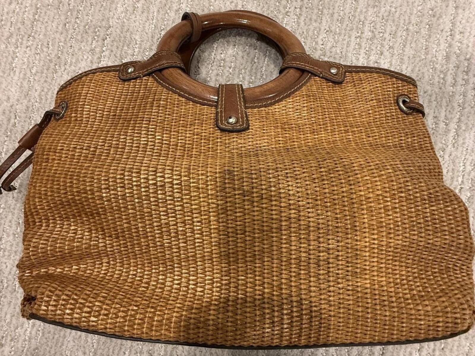 Other Brown Woven Handbag with Wooden Handles Size ONE SIZE - 1 Thumbnail