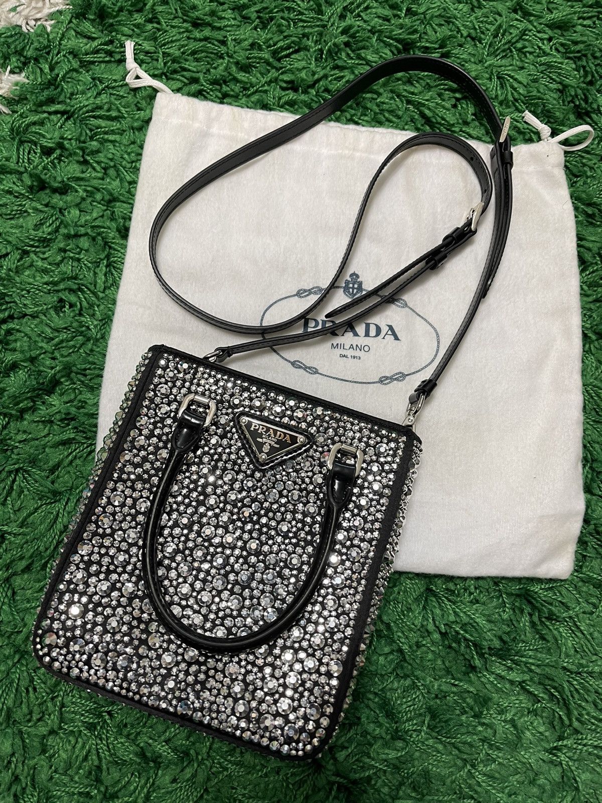 image of Prada 2022 Small Crystal Tote W/ Strap in Black, Women's
