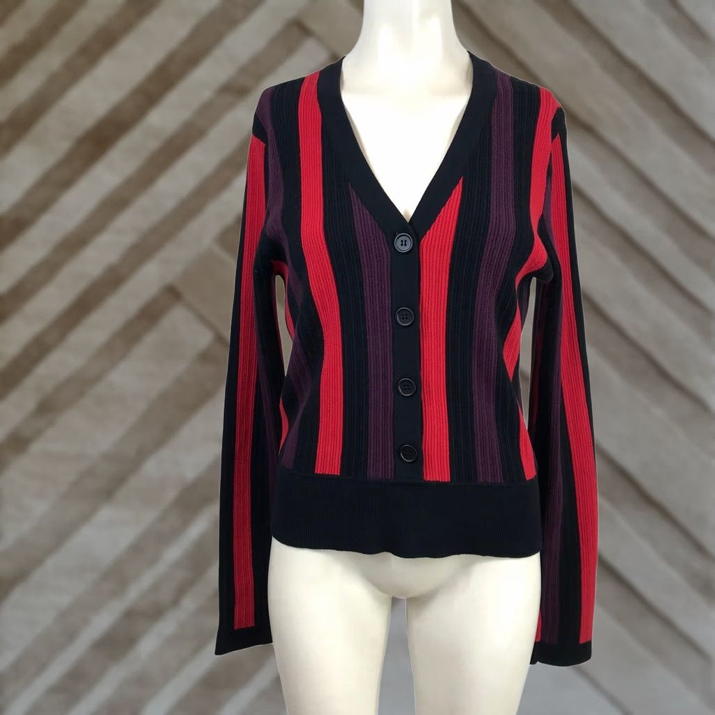 Vintage Cabi 3538 Cardigan Sweater V-Neck Ribbed Vertical Stripe Red Purple Black Wms M Size M / US 6-8 / IT 42-44 - 1 Thumbnail