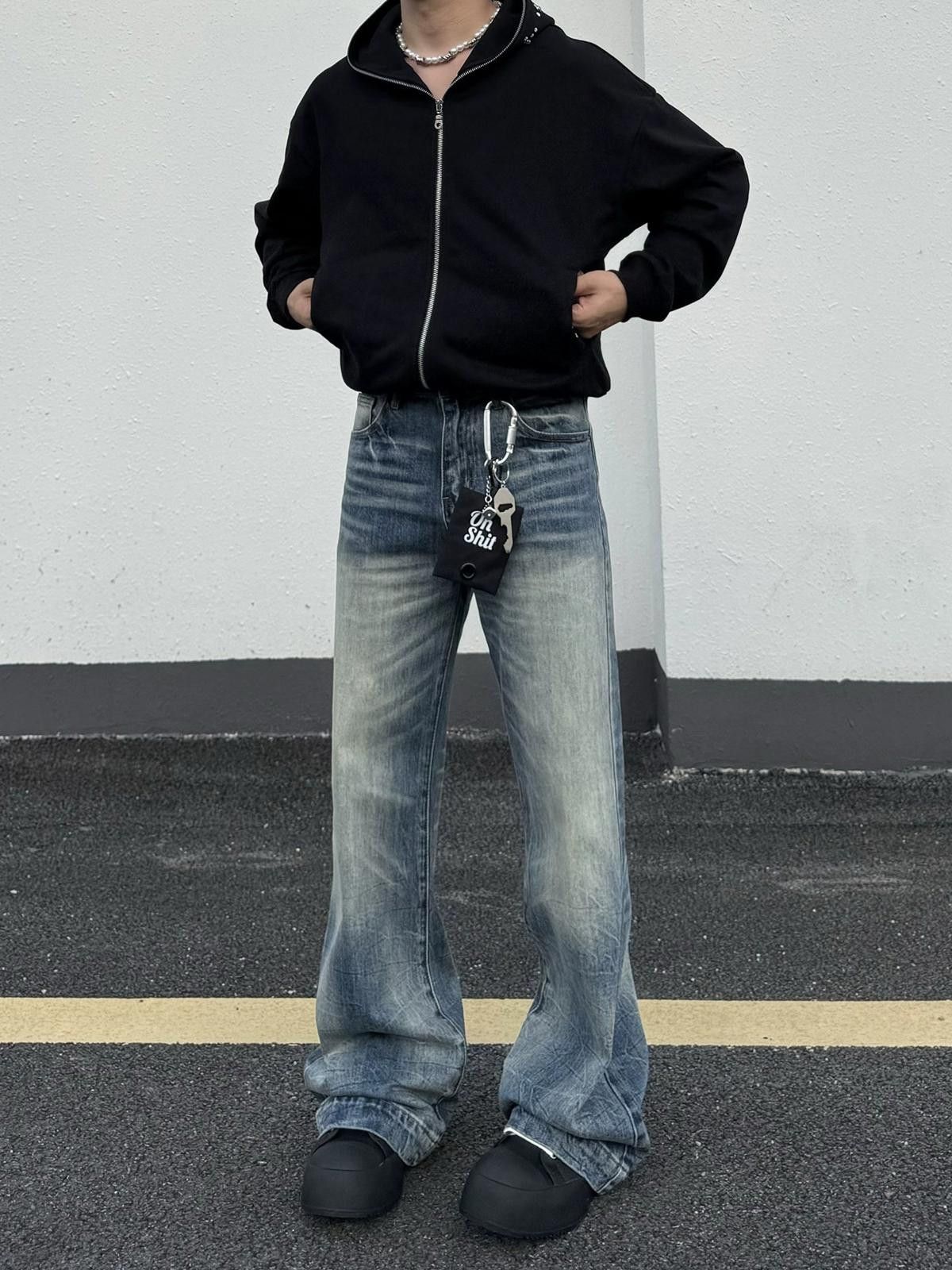 Jean Whiskered Blue Wide Leg Jeans, Loose Fit Denim Pants Size US 30 / EU 46 - 2 Thumbnail