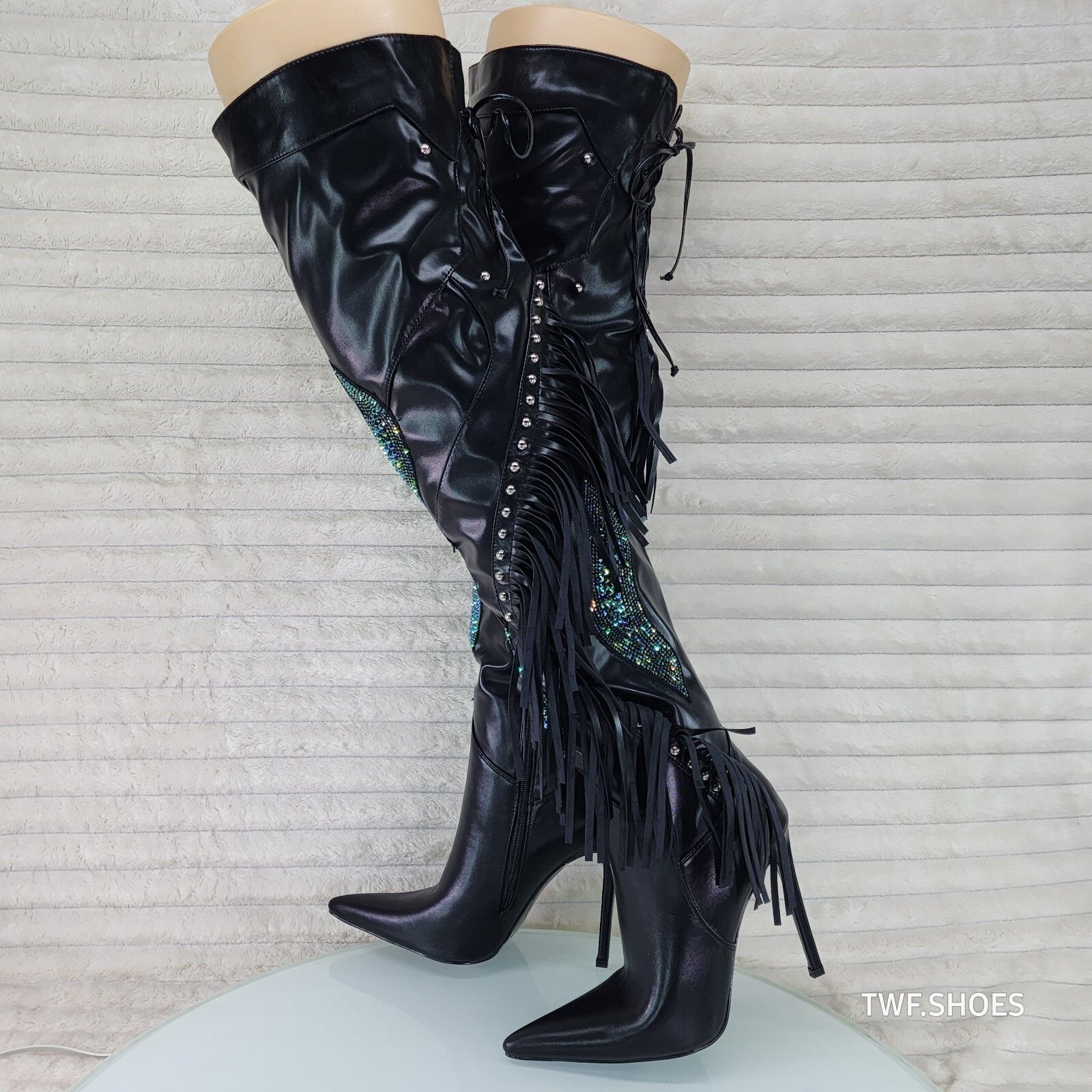 Azalea Wang Frenzy Black Fringe Rhinestone Over The Knee Thigh Boots Aza Size US 7 / IT 37 - 5 Thumbnail