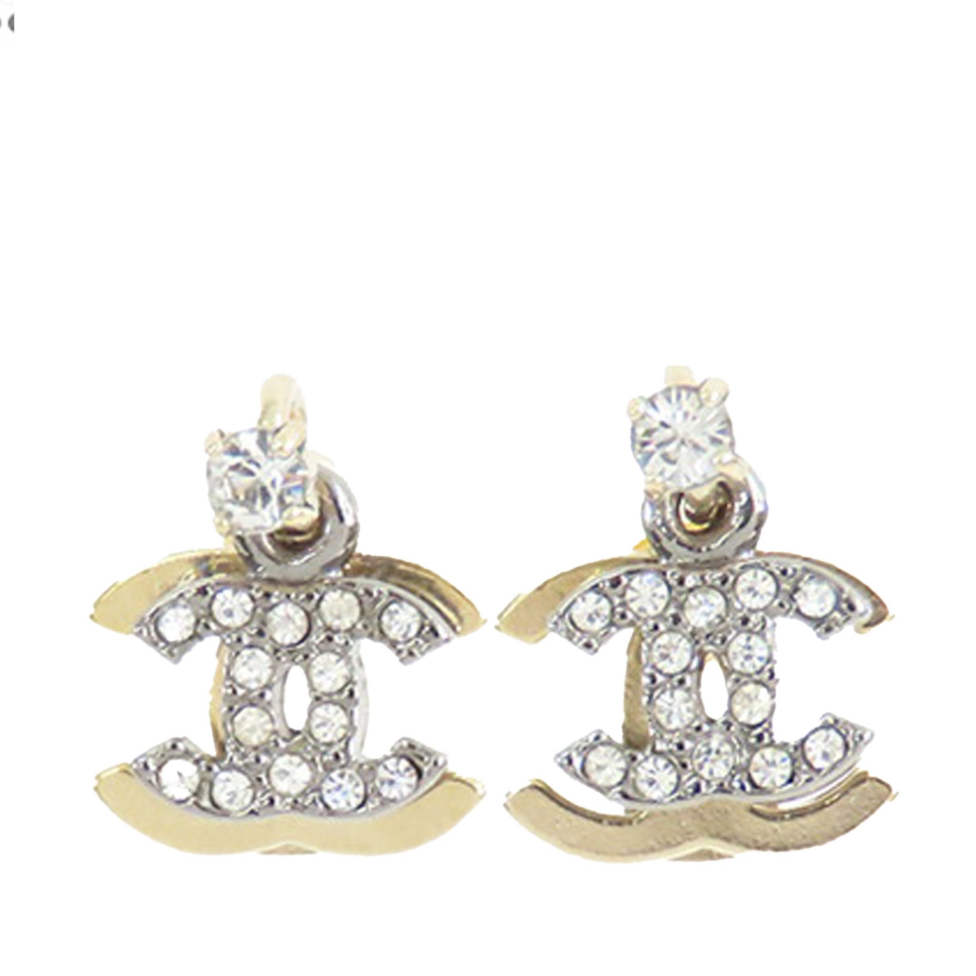 Chanel Gold and Silver Plated CC Rhinestones Drop Push Back Earrings