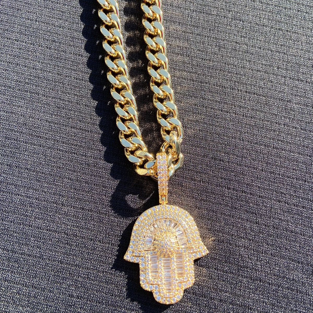 Jewelry Gold Chain Cuban Link Necklace 20in 7mm and Icy Hamsa Hand Size ONE SIZE - 4 Thumbnail