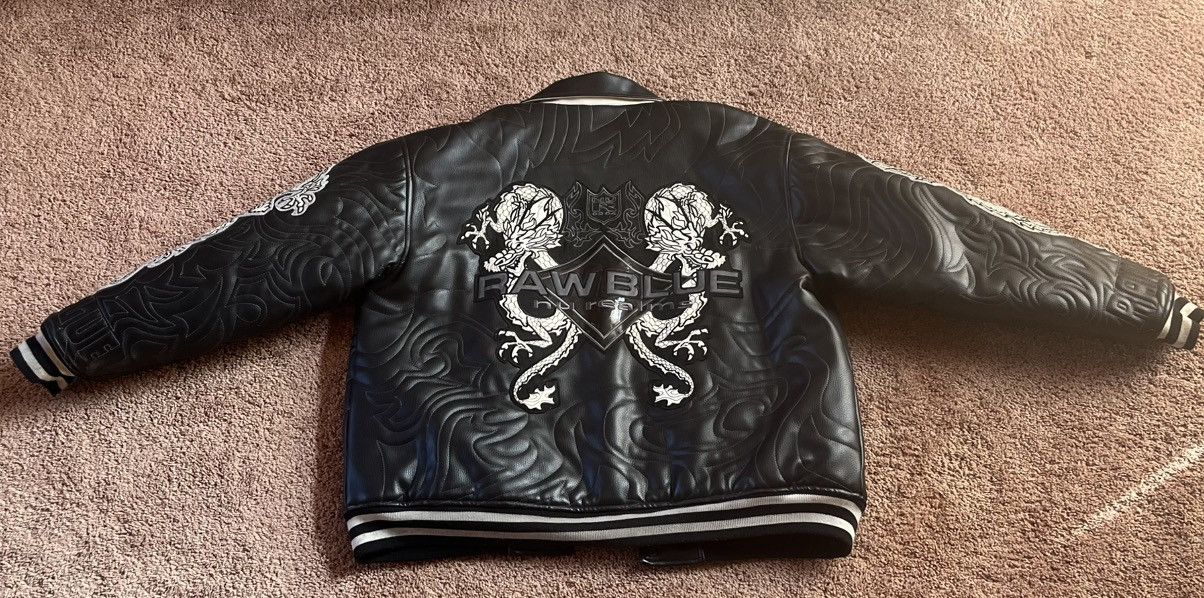 Other Raw Blue Leather Varsity Jacket–Quilted Dragon Embossed–Rare Size US XL / EU 56 / 4 - 3 Thumbnail