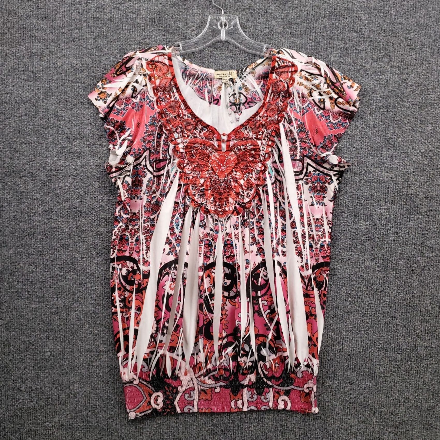 Vintage One World Blouse Shirt Womens Large Pink Paisley Embroidered Rhinestone Boho Embellished Pullover Smocked Hem Cap Sleeve V-Neck Size L / US 10 / IT 46 - 2 Thumbnail