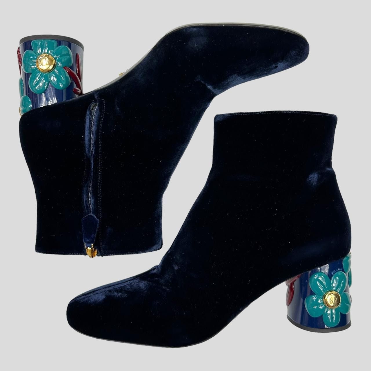 Prada Prada Milano Floral Heel Blue Velvet Boots - UK7 Size US 8 / IT 38 - 1 Thumbnail