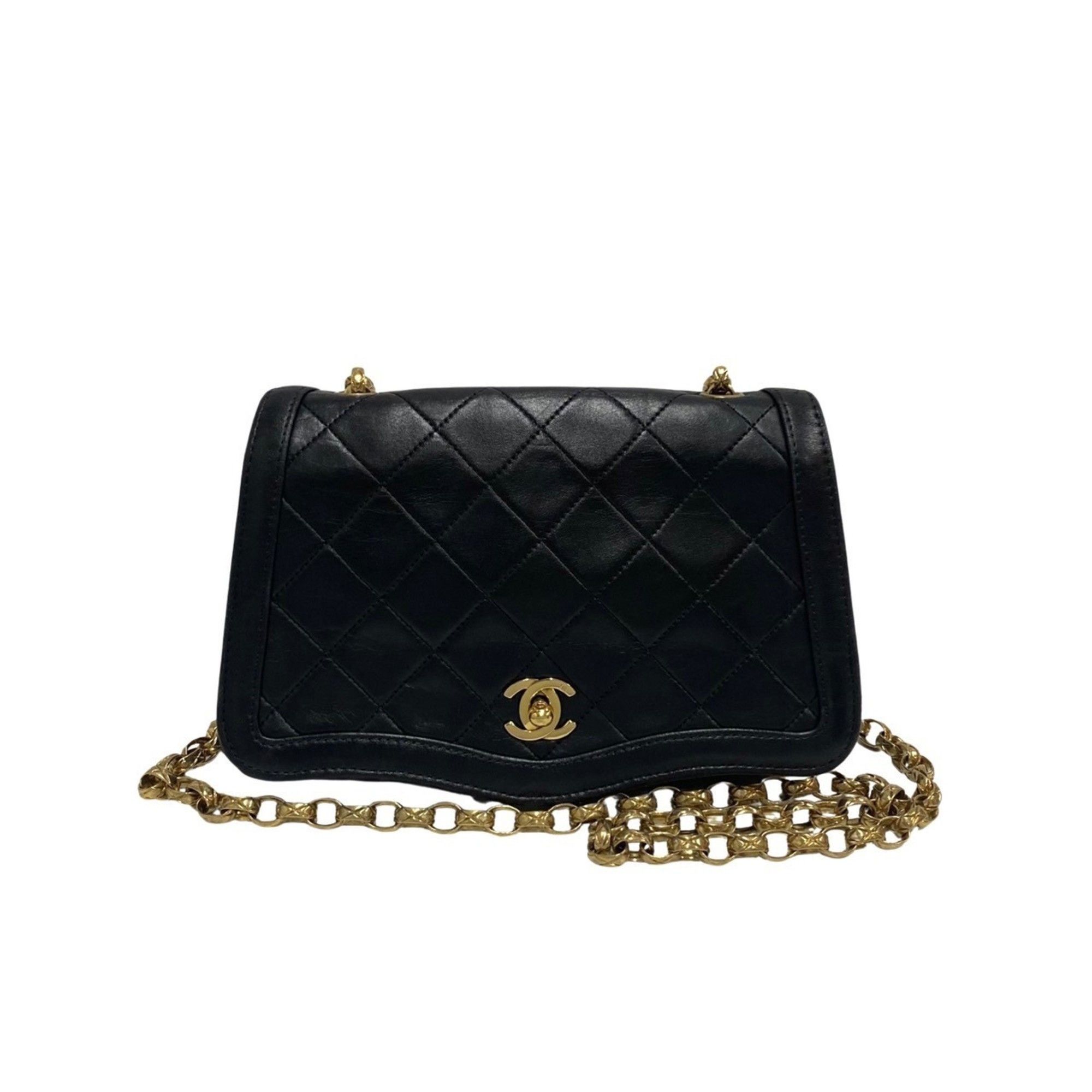 image of Chanel Matelasse Lambskin Leather Genuine Turnlock Chain Shoulder Bag Black 21337, Women's